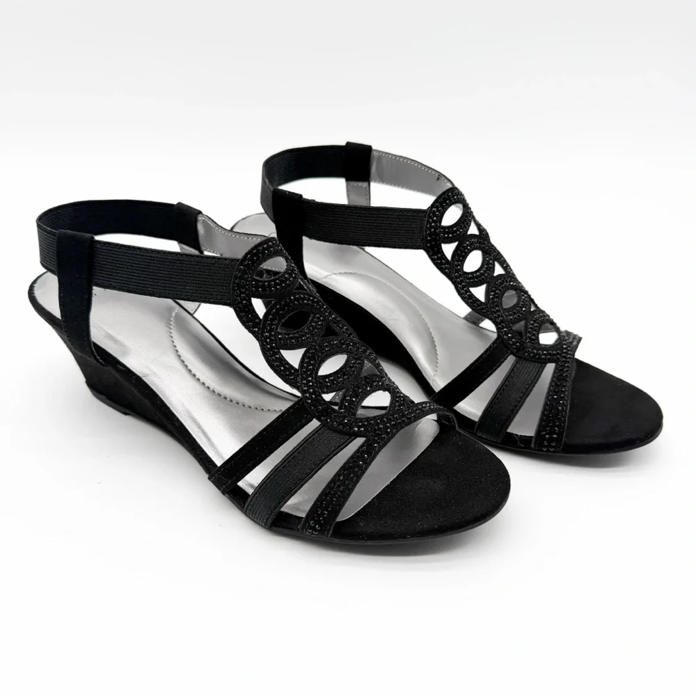 Jones New York Denice Embellished Strappy Wedge Sandal Elastic Ankle Black 8 NEW